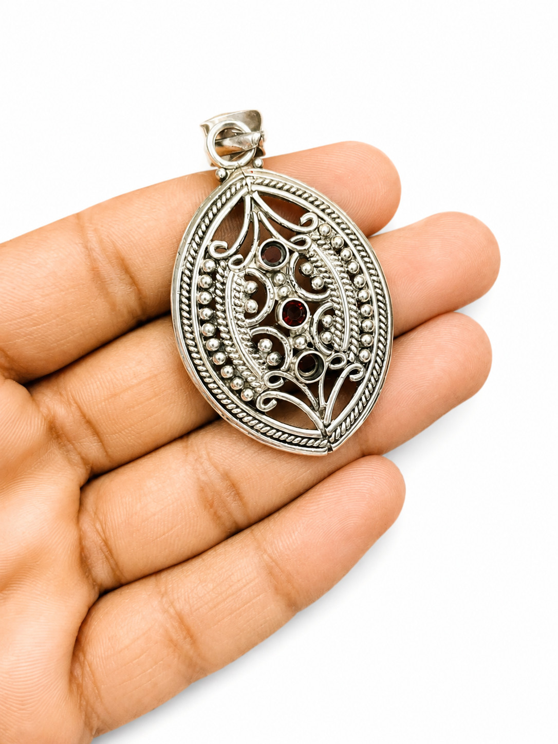 Natural Garnet Pendant 925 Sterling Silver Handmade Filigree Statement Jewelry