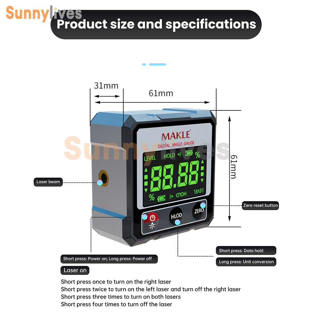 Digital Angle Finder Laser Level Gauge Inclinometer Magnetic Protractor Type-C
