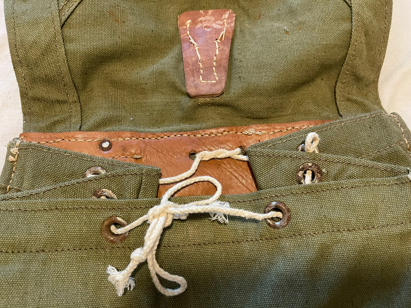Vintage Romanian Army Canvas Backpack With Leather Shoulder Straps.