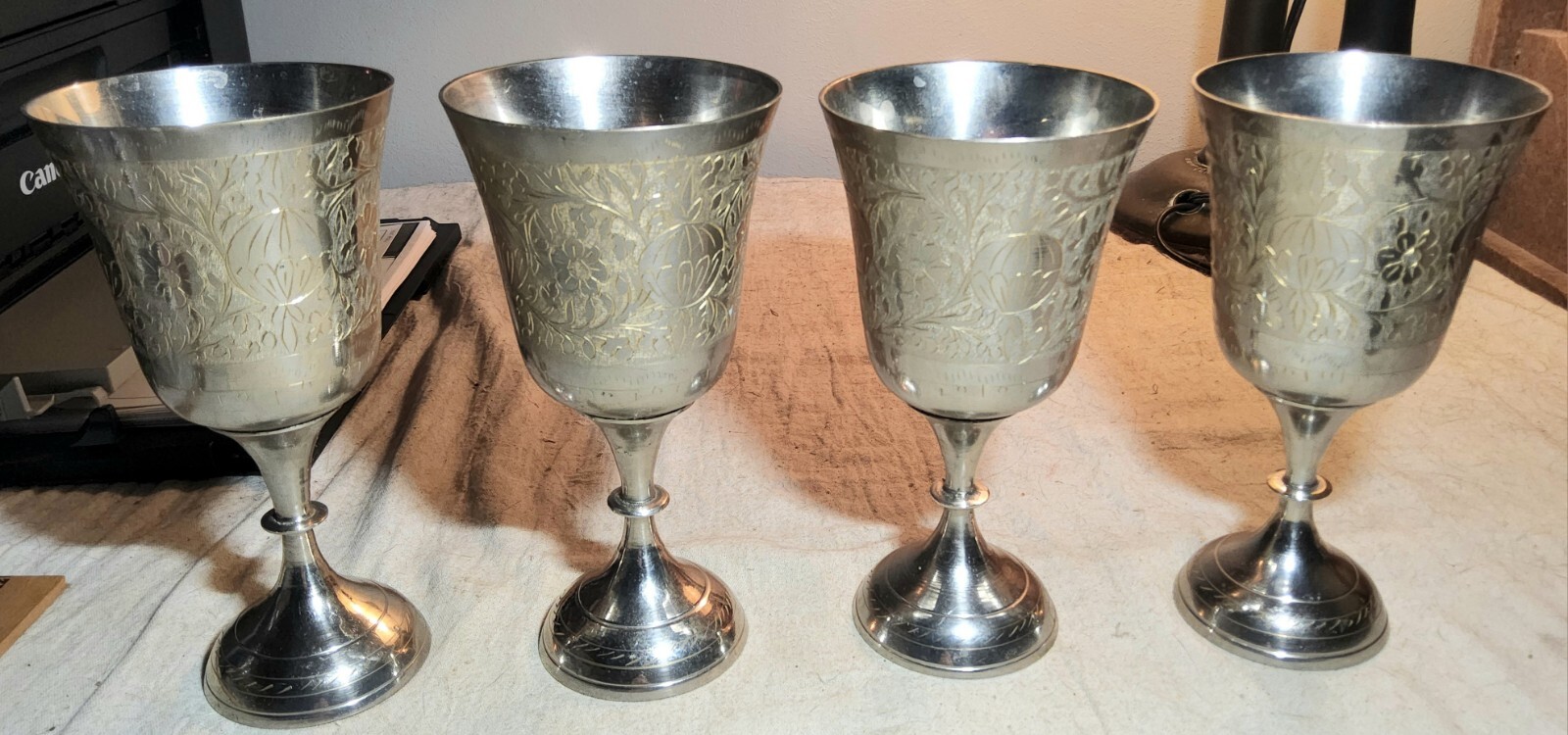 (4) VINTAGE SILVERPLATE METAL WINE GOBLETS WITH ETCHED DESIGN SIDES INDIA MADE
