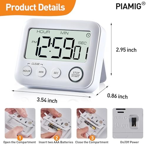 Digital Kitchen Timer Alarm Clock for Cooking, Large LCD Display Multi White