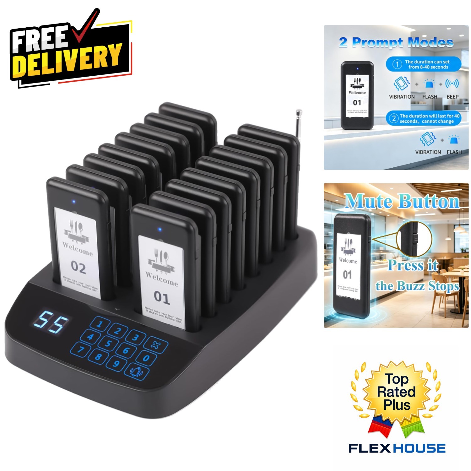 Enhanced 16-Pager Wireless System for Restaurants - Vibration & Flashing Alerts