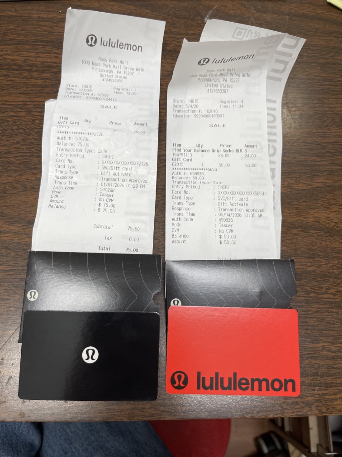 2 Lululemon Physical Gift Cards $50.00 & $75.00 Total Value $125.00