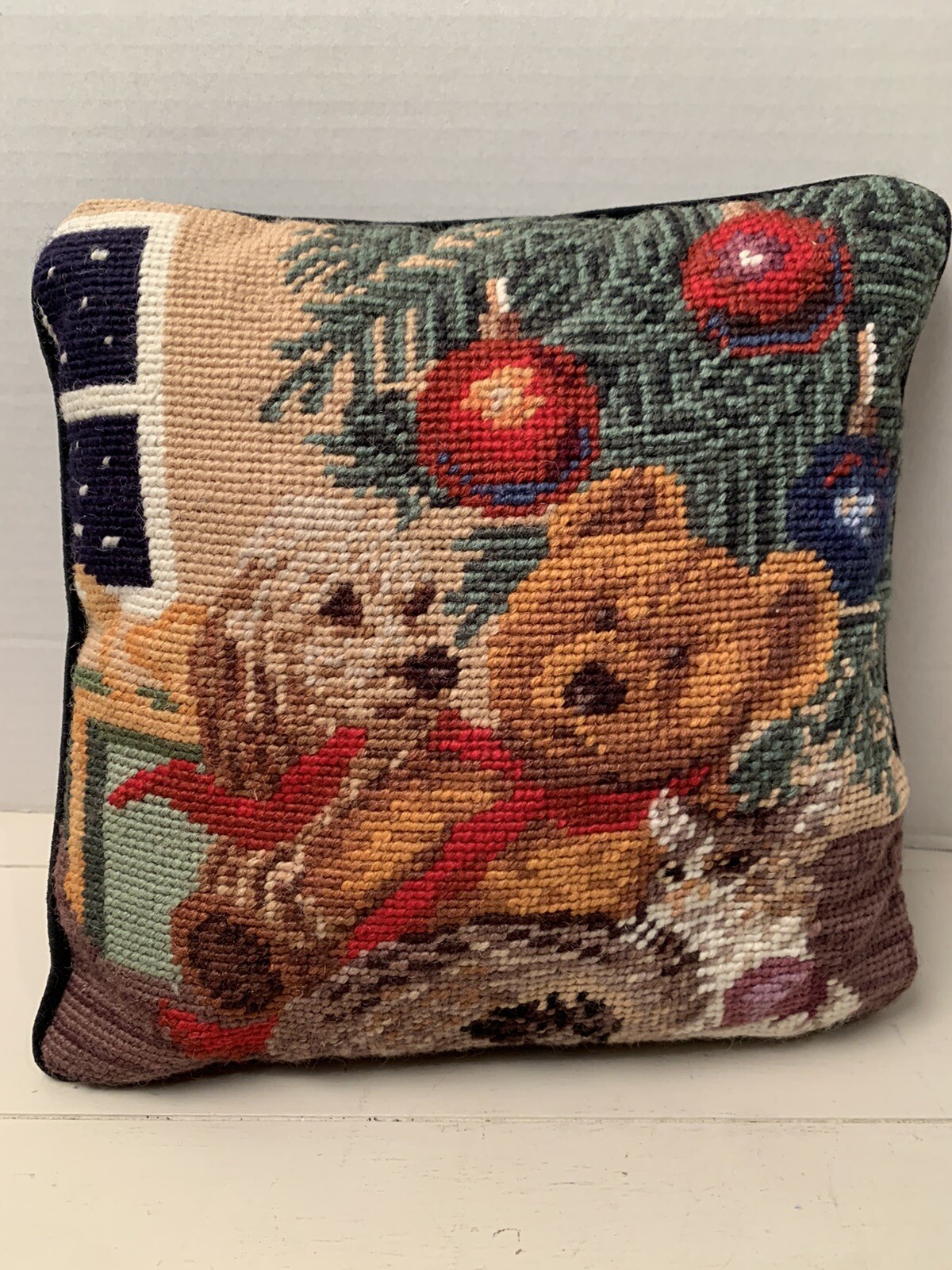 Needlepoint Christmas Decorative Pillow Cocker Spaniel Dog Teddy Bear 9” Square