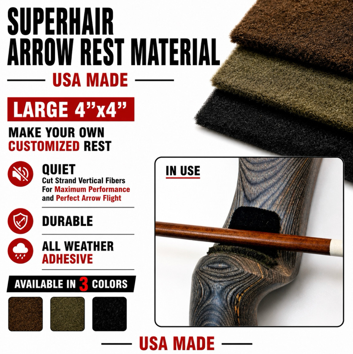 4"x4" BLACK Hair Rug CUSTOM ARROW REST MATERIAL Adhesive Recurve Longbow Archery