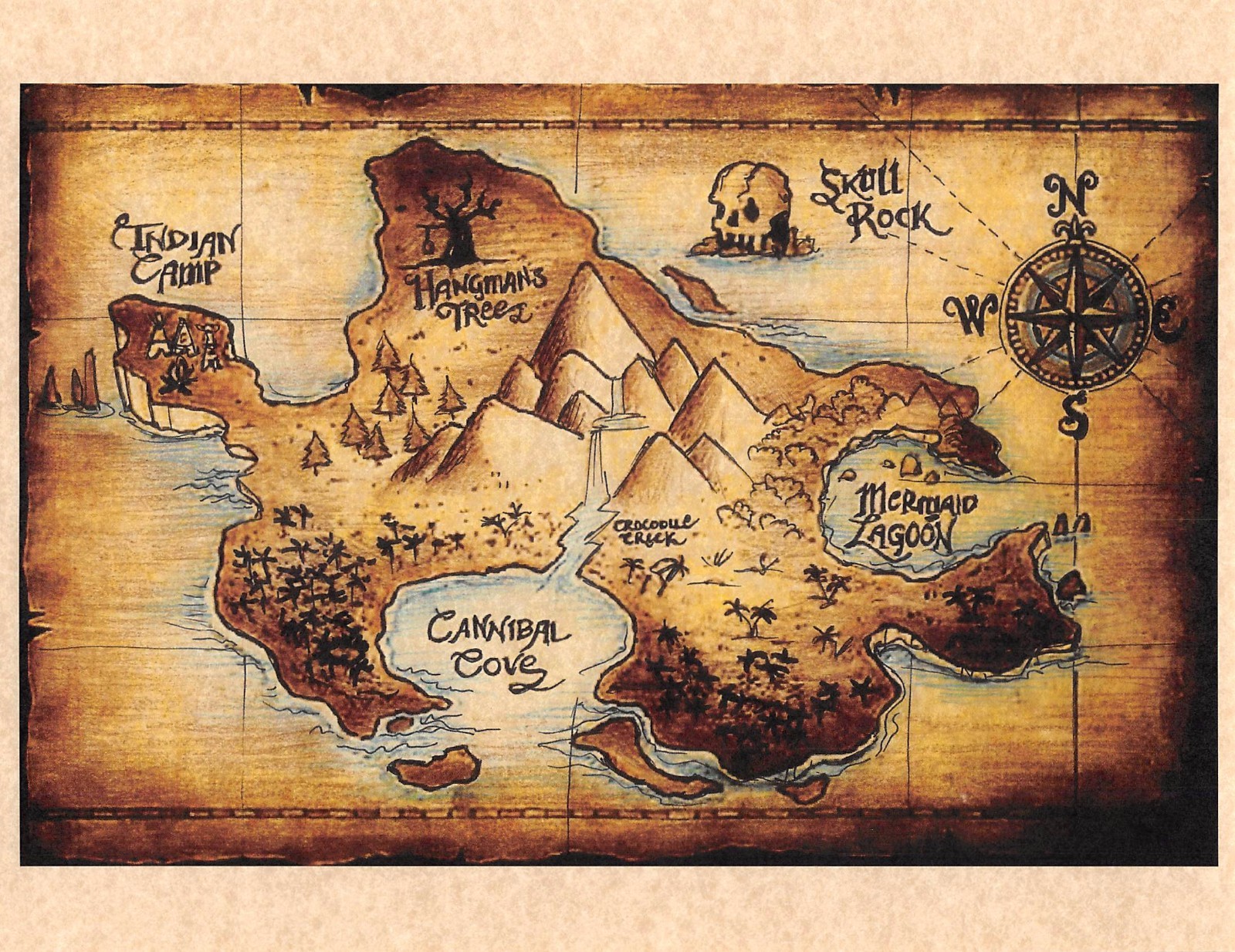 Disney Peter Pan Map Of Neverland COLOR Lost Boys Skull Rock Prop/Replica