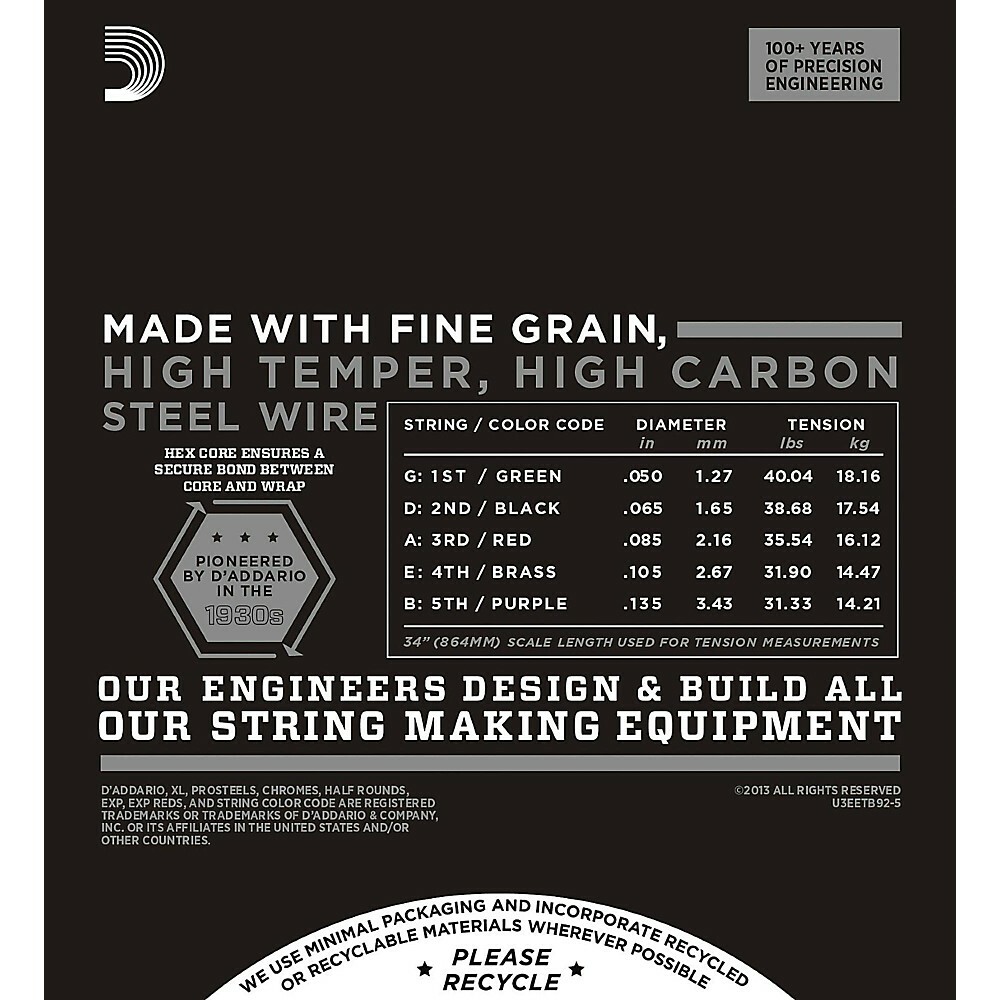 D'Addario ETB92-5 Medium Black Nylon Tapewound 5-String Bass Strings