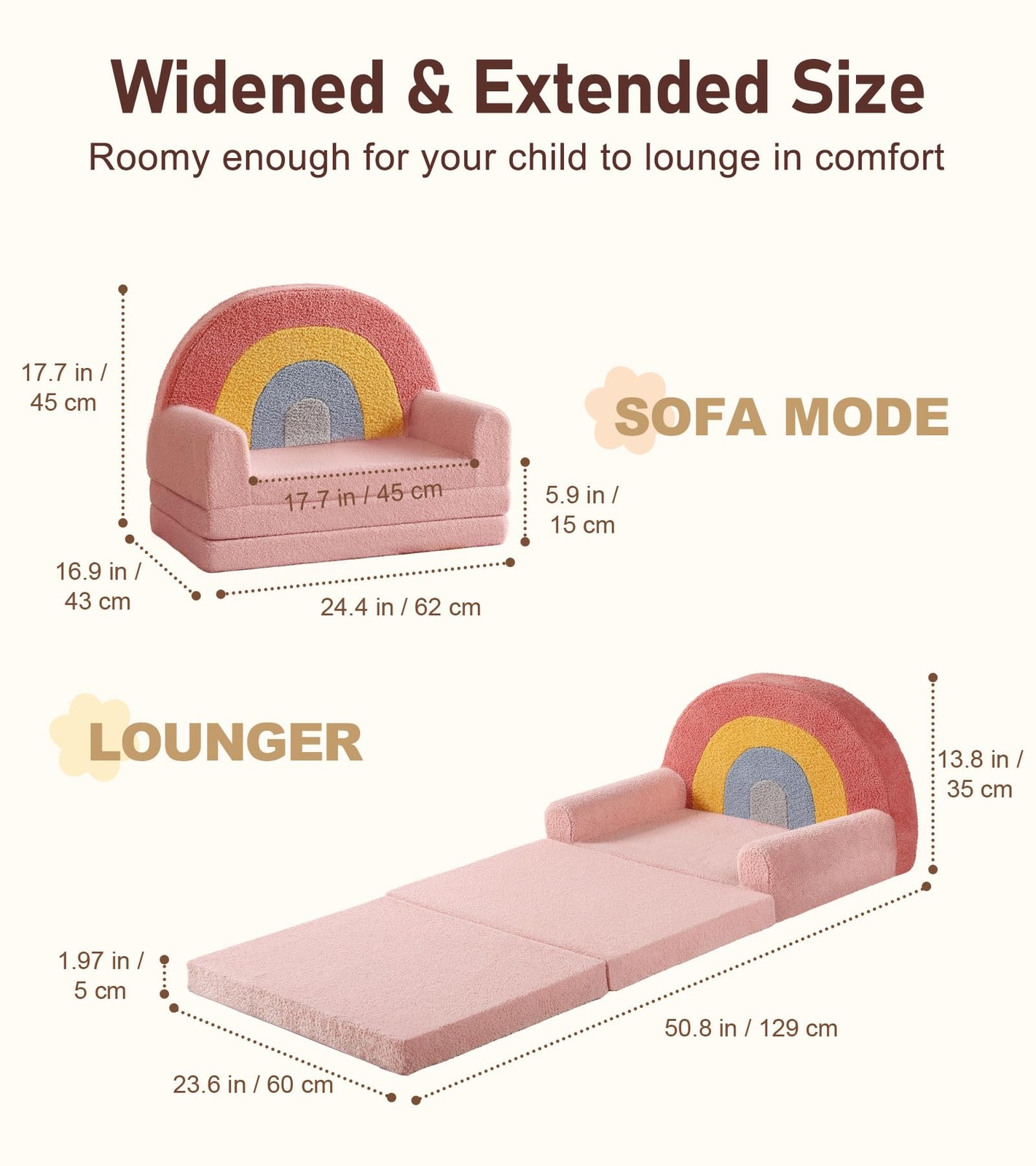 Extra Wide Soft Toddler Couch Fold Out, 2-in-1 Kids Couch, Convertible Kids S...