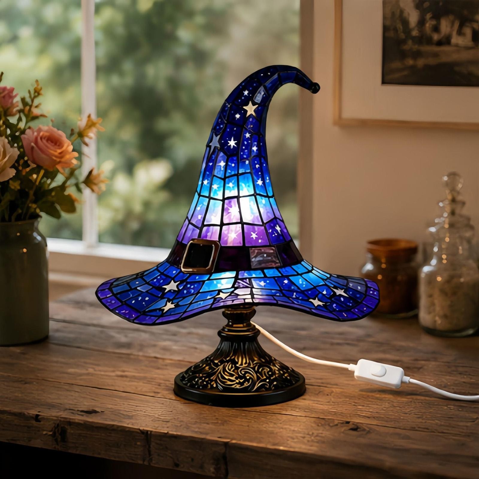 Stained Resin Witch Hat Lamp,USB Powered Gothic Wizard Hats Night Light