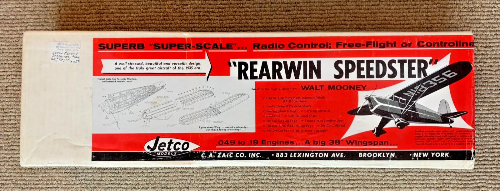 Vintage NOS NIB Model Airplane Kit Jetco Models "Rearwin Speedster"