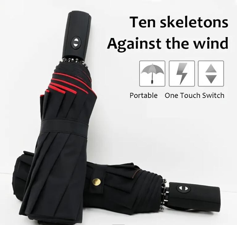 Black/Red Automatic Umbrella Anti-UV Sun Rain Windproof 3-Folding Compact