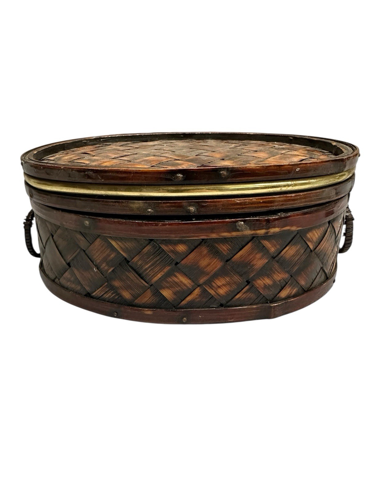 Weaved Bamboo Basket with Lid & Handles Gold Trim Sewing Storage Home Décor