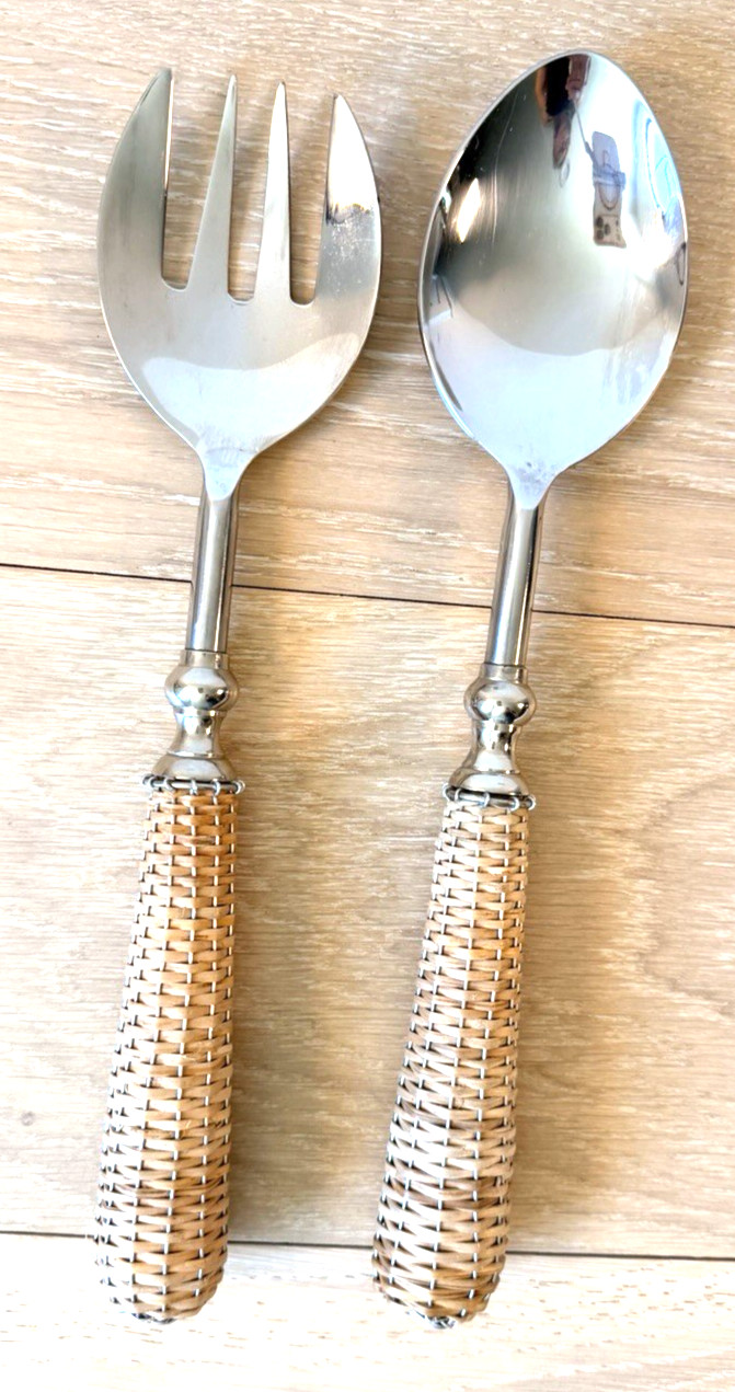 12 Inch Salad Serving Set.  Rattan Wrapped Handles
