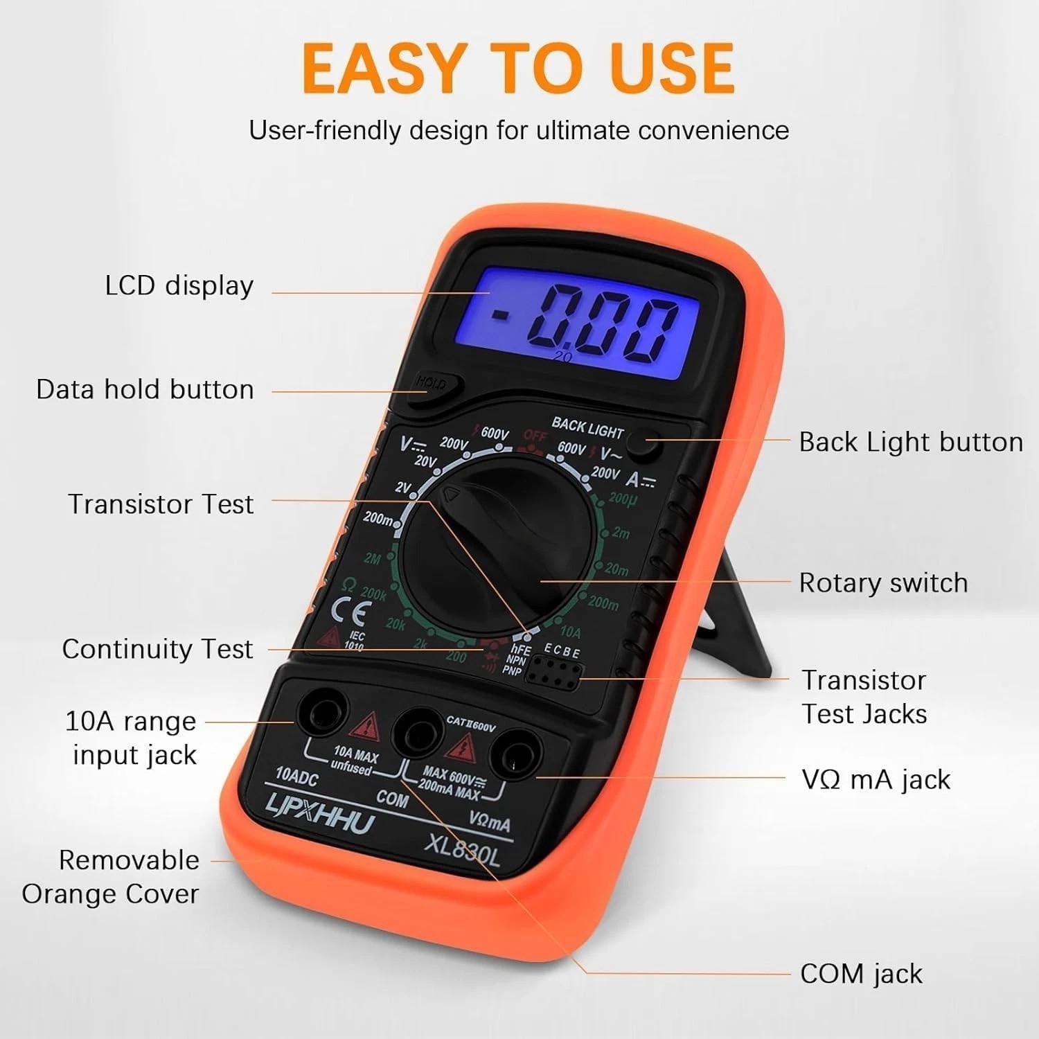 Compact Digital Multimeter - 2000 Counts with Backlit LCD & Safety Features