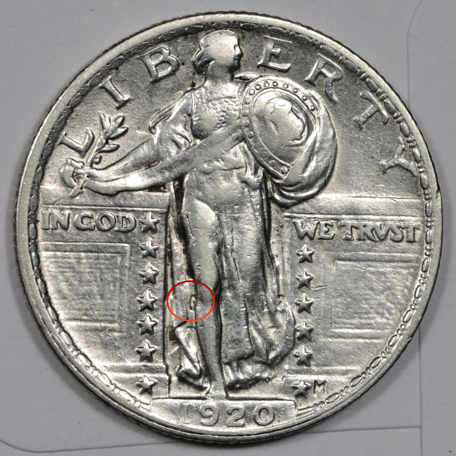 1920-P Standing Liberty Quarter.  Error.  Clashed "E".  AU.  206022