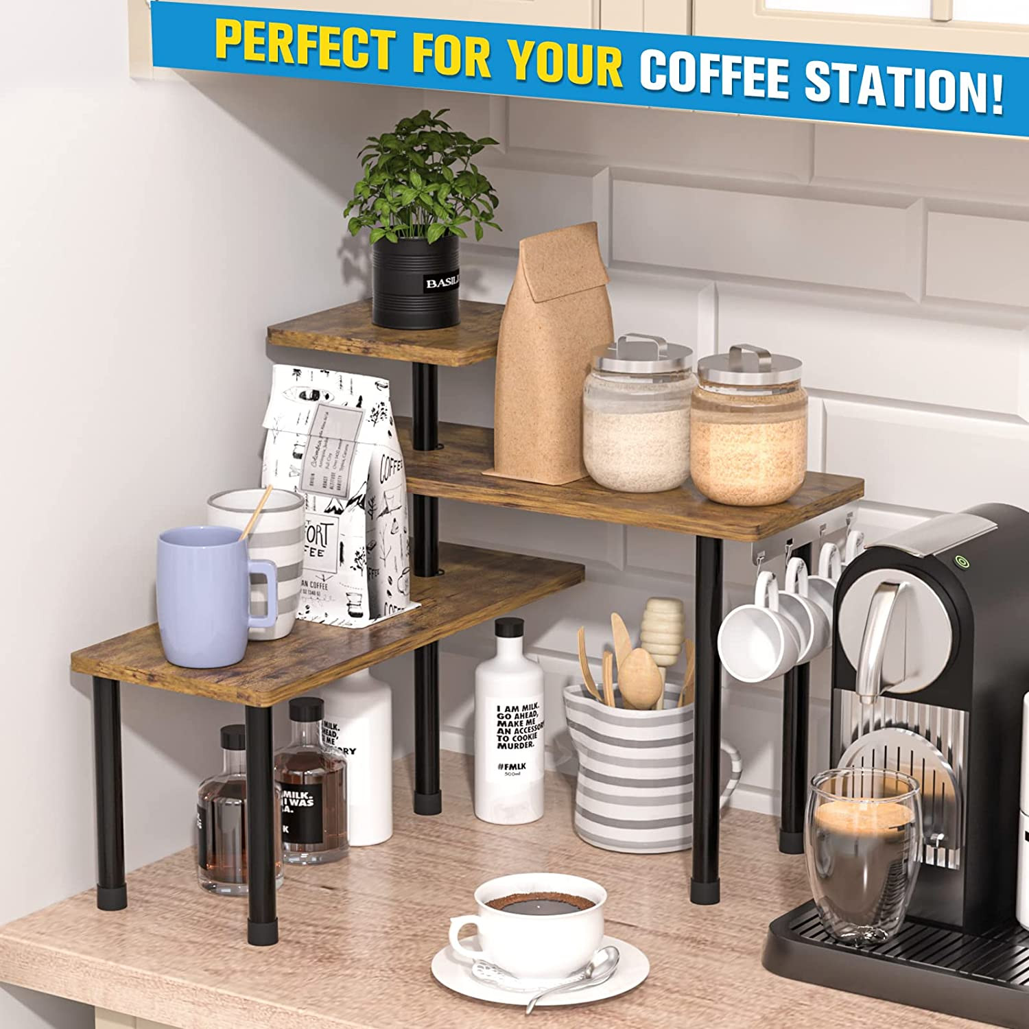 Kitchen Countertop Organizer 3-Tier Corner Shelf, Rustic Brown | Space-Saving Co