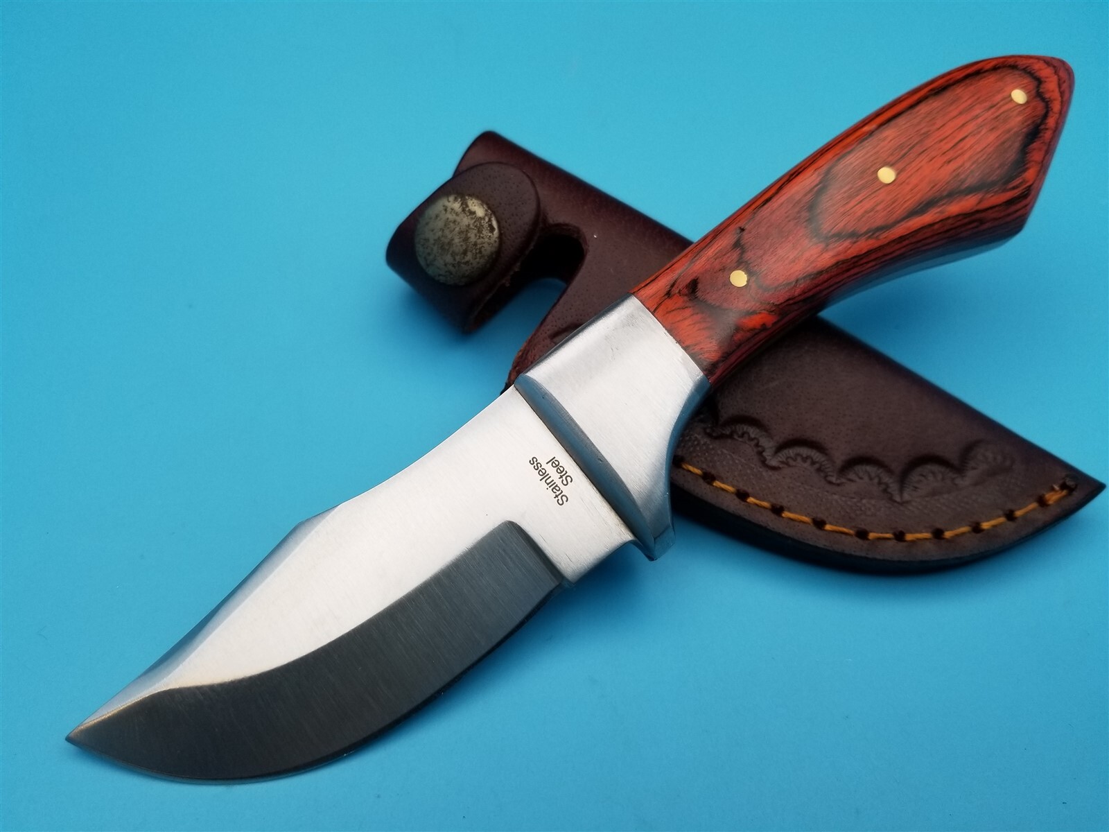 Hunting Knife Full tang Fixed Blade Skinner Wood Handle Leather Belt Sheath