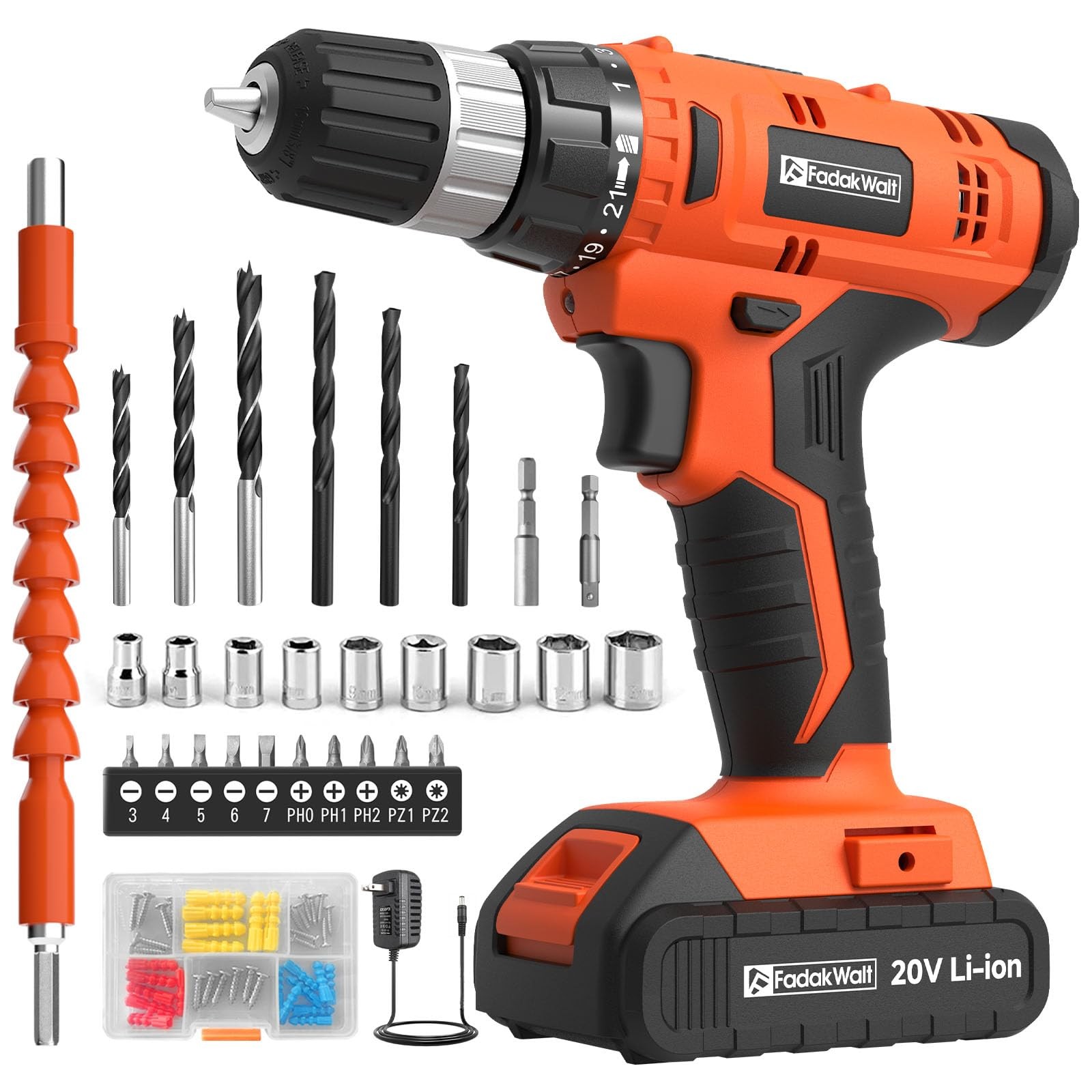 20V Cordless Electric Power Drill Set 3/8 Inch Keyless Chuck LED Orange