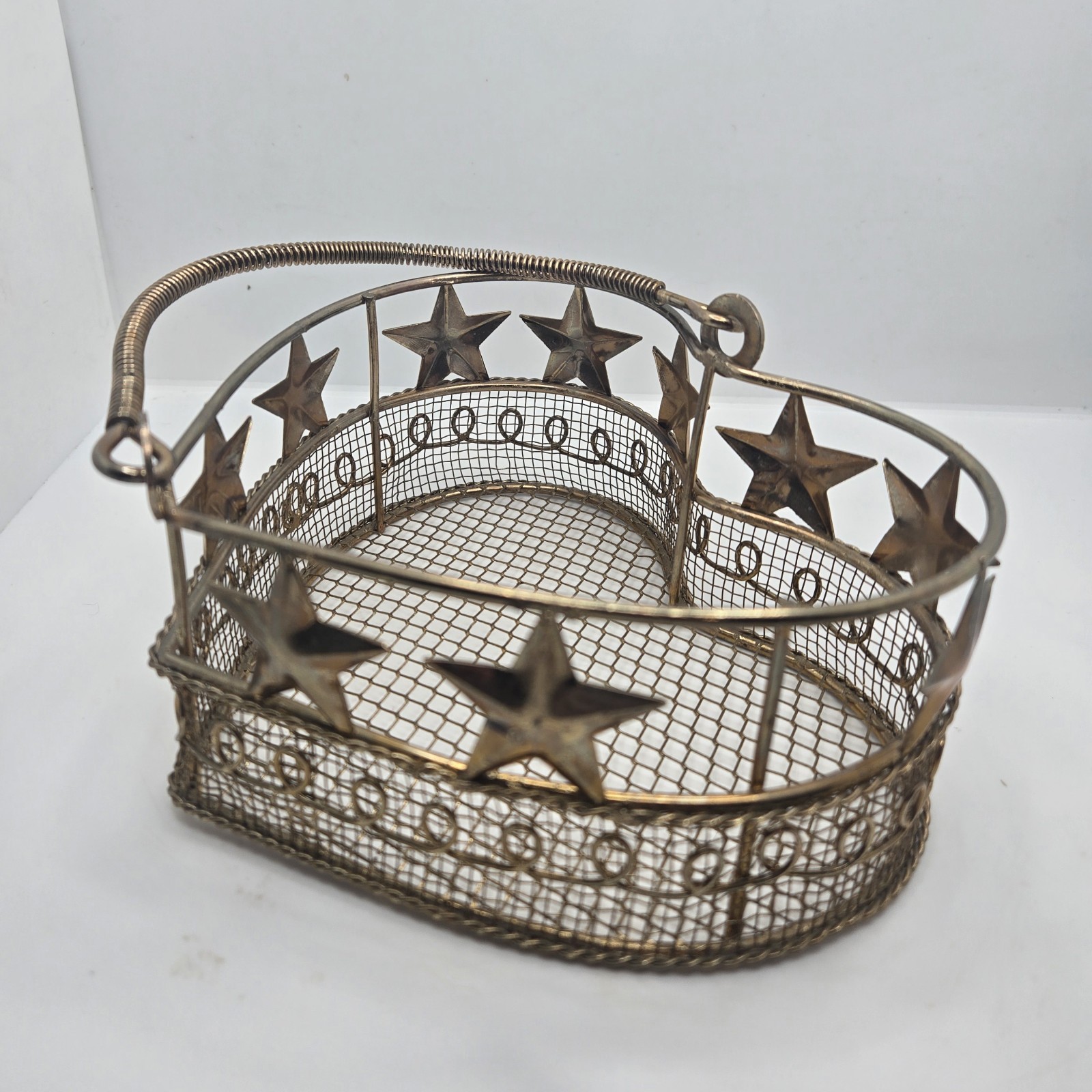Small Gold Tone Wire Basket w/ Stars Dark Gold 5" Heart Shaped Valentines Day