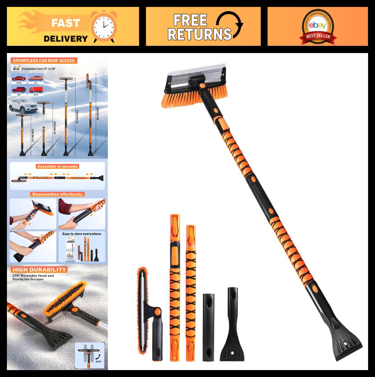 55" Telescopic Snow Brush & Ice Scraper | 270° Rotating Snow Broom for Car, SUV,