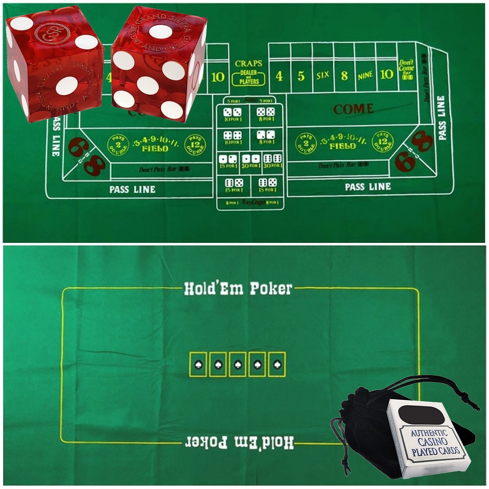 Grand Sierra Reno Casino Dice Red Polished + Vegas Cards + Craps Poker Layout