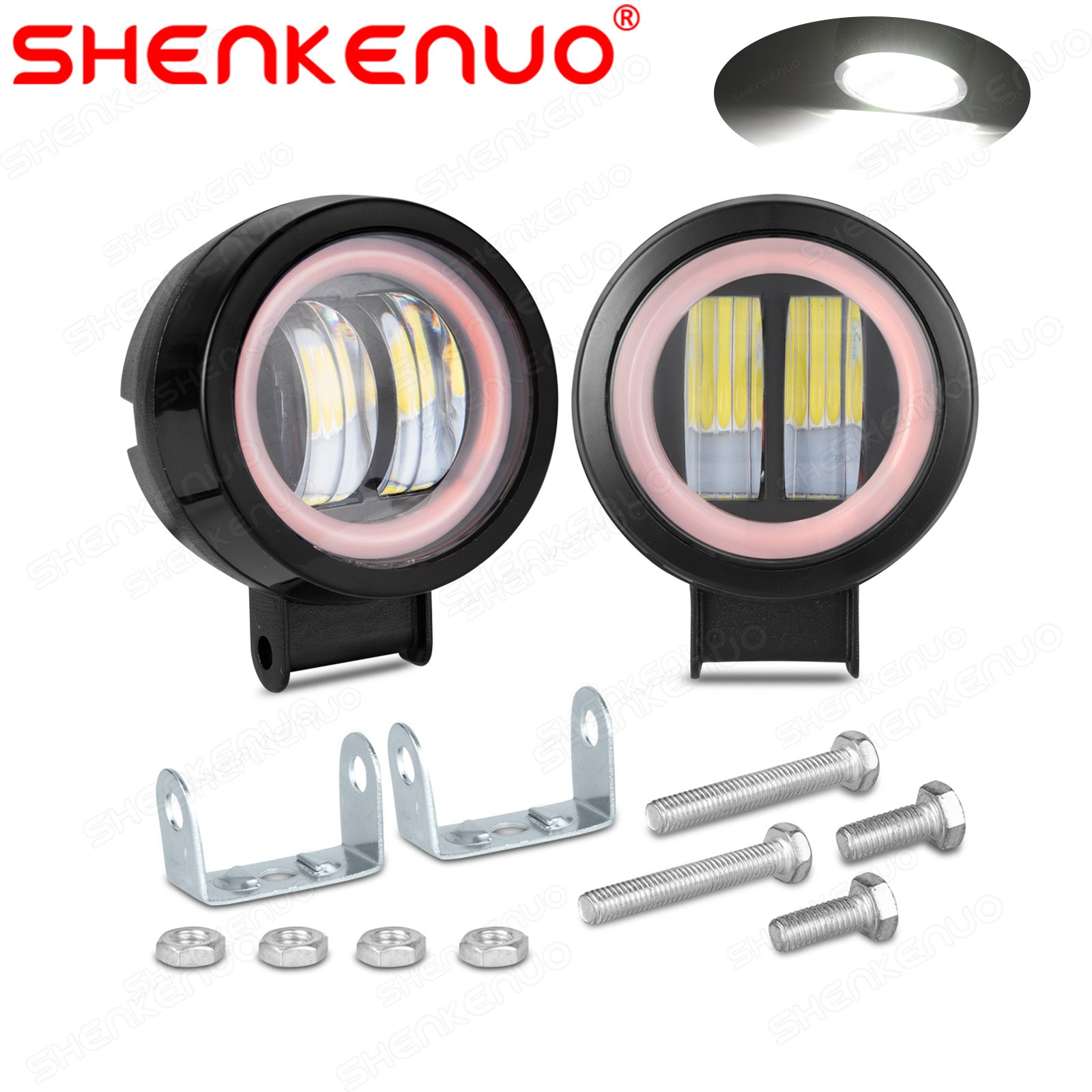Pair 3inch Round LED Work Light Bar Spot Pods Driving Fog Red Halo Offroad SUV
