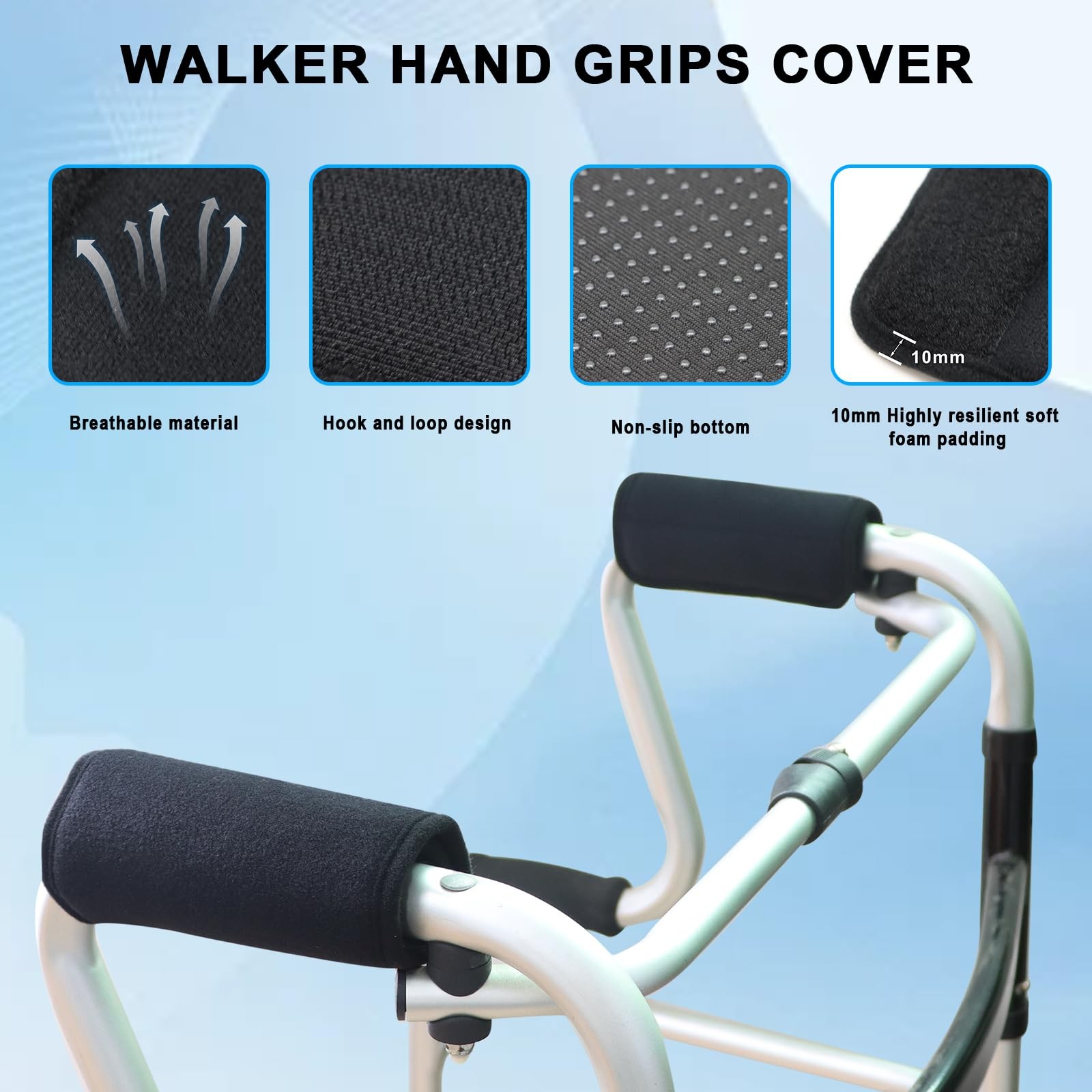 2 Pack Walker Handle Cushions - Grip Covers Pads - Padded Hand Black