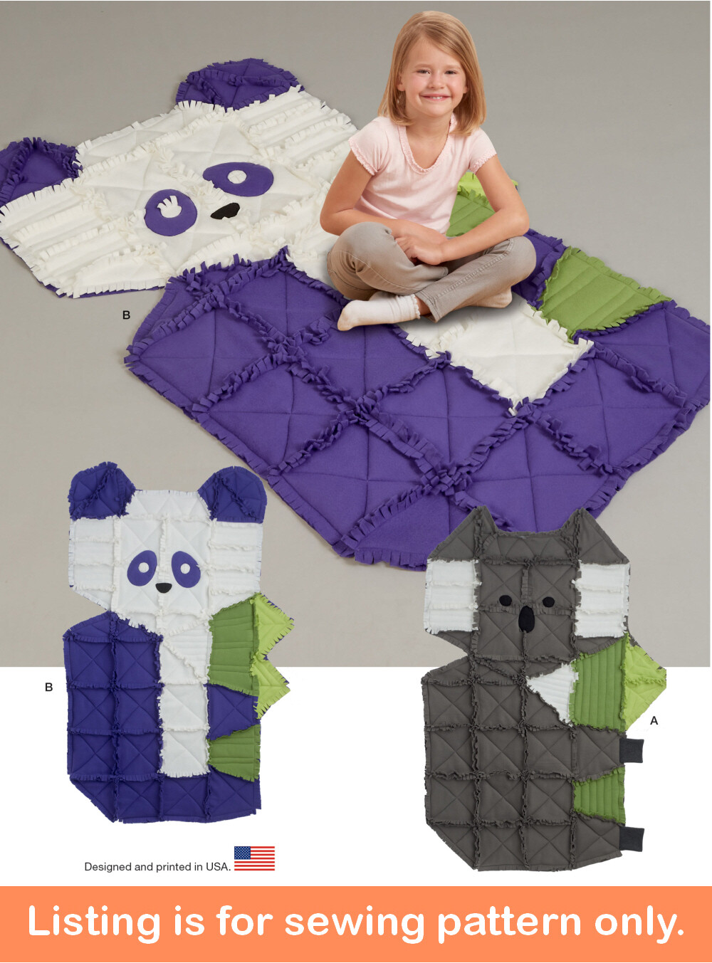 SEWING PATTERN Make Kids Rag Quilt Quilting Boys Girls Panda Koala Blanket 11192