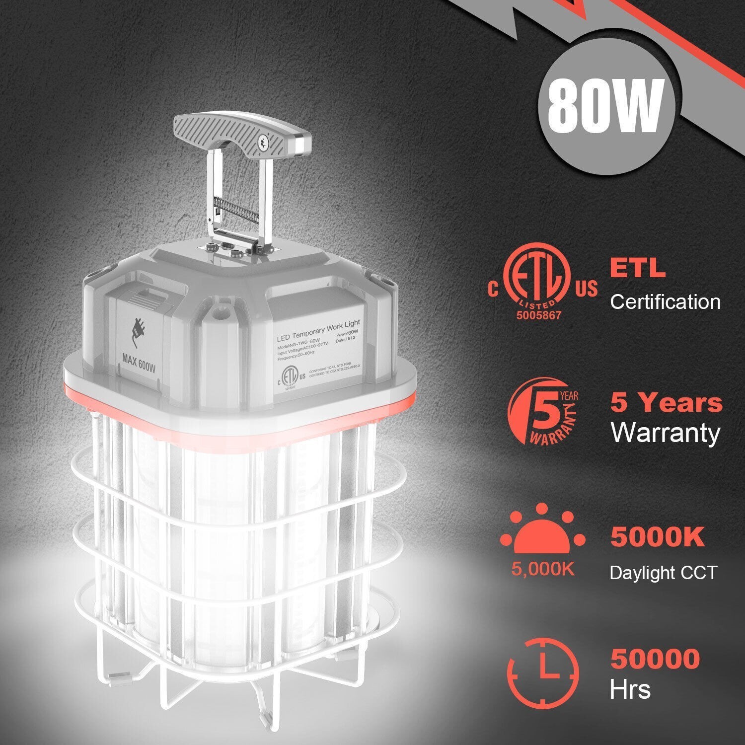 80W LED Temporary Work Light 11600LM Linkable Construction Job Site Light 5000K
