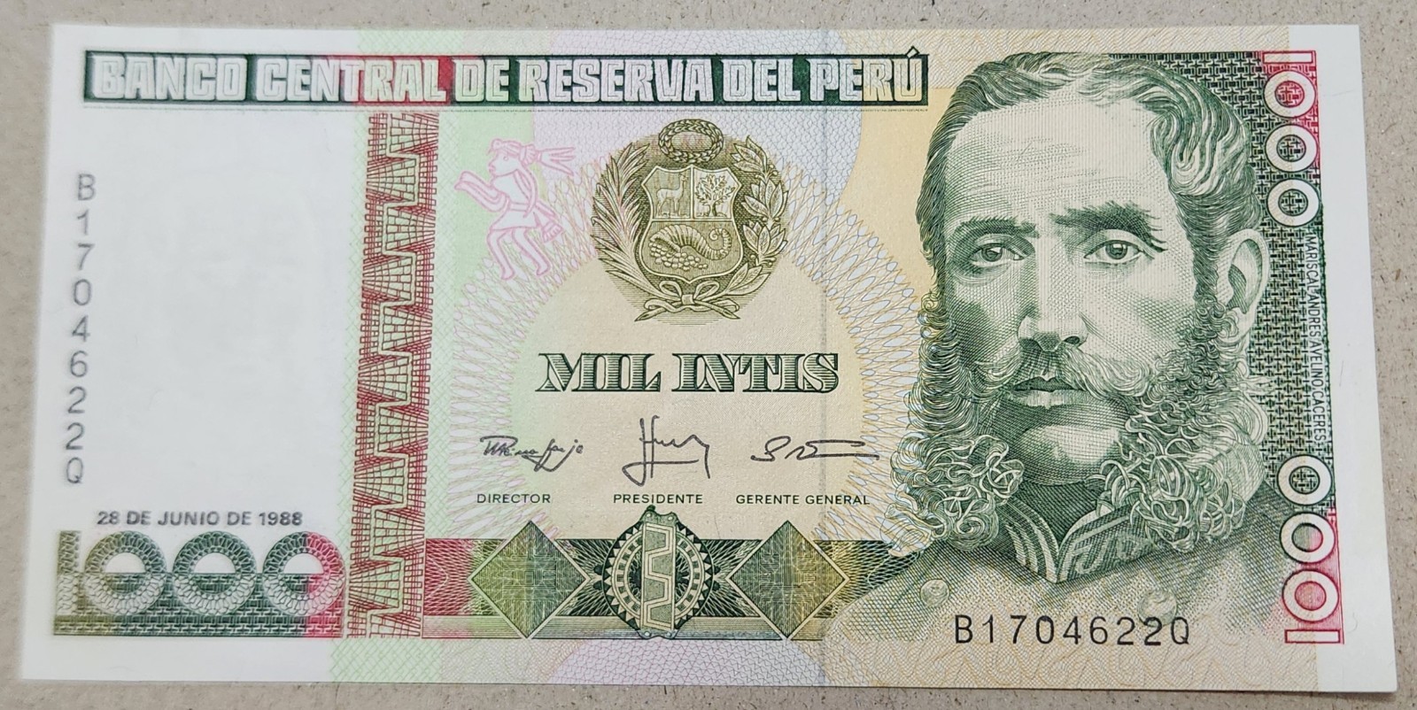 PERU 🇵🇪 1000 INTIS BANKNOTE (JUNE 28, 1988 / P# 136b)