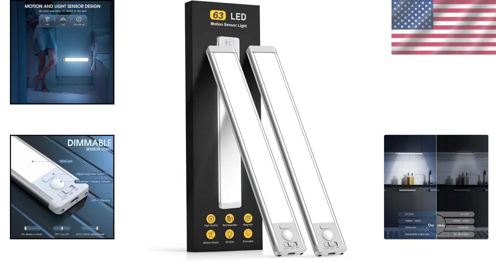 Elegant 2-Pack Magnetic Under Cabinet Lights with Motion Sensor - 14.7" Size