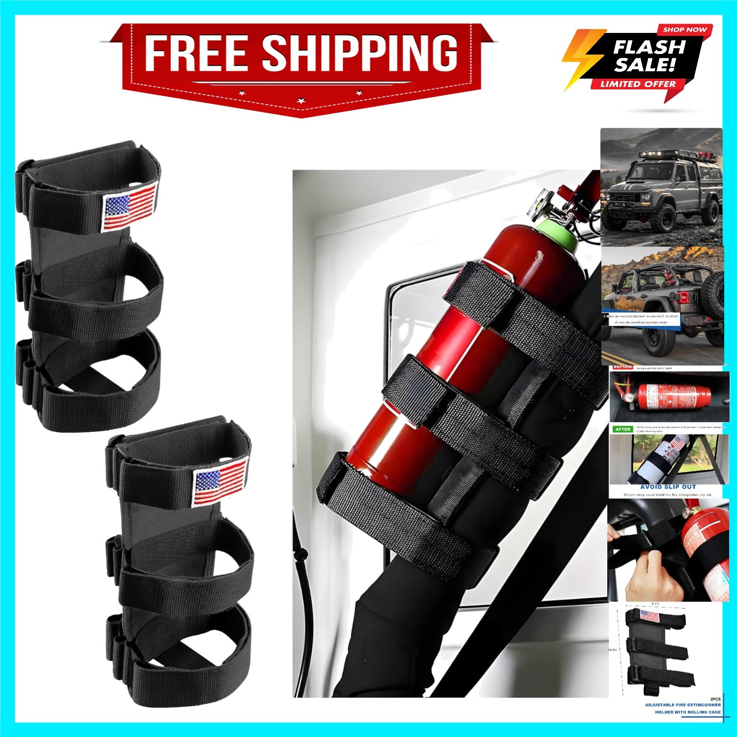 2 PCS Fire Extinguisher Holder, Adjustable Roll Bar Extinguisher Strap with A...