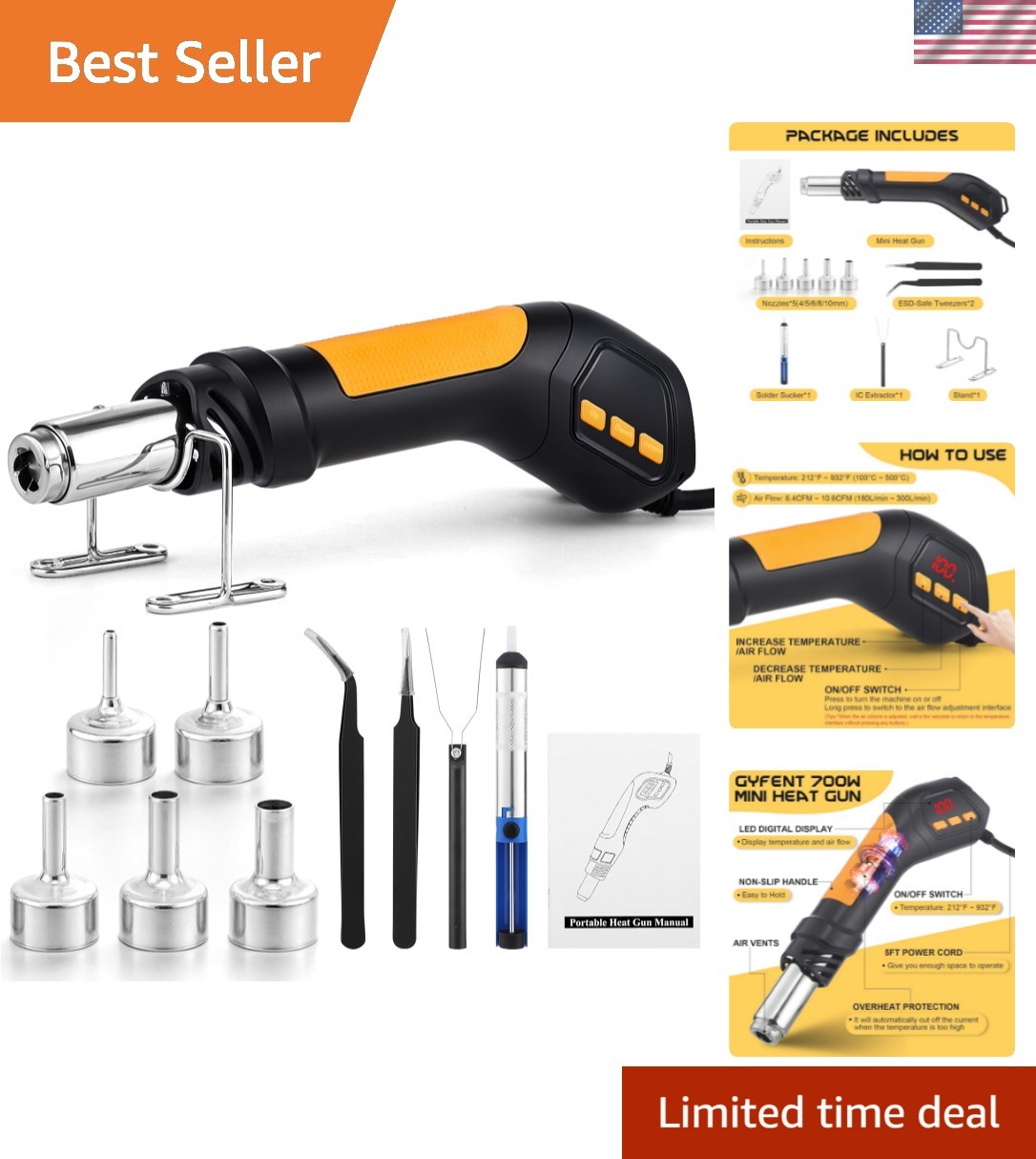 Heat Gun, 700W 212°F~932℉100°C~500°C Mini Soldering Heat Gun Hot Air Rework S...