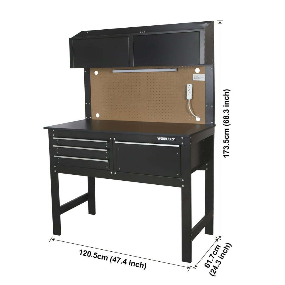 Workbench Cabinet Combo w Light 4" Tool Work Bench Steel Table Storage Garage