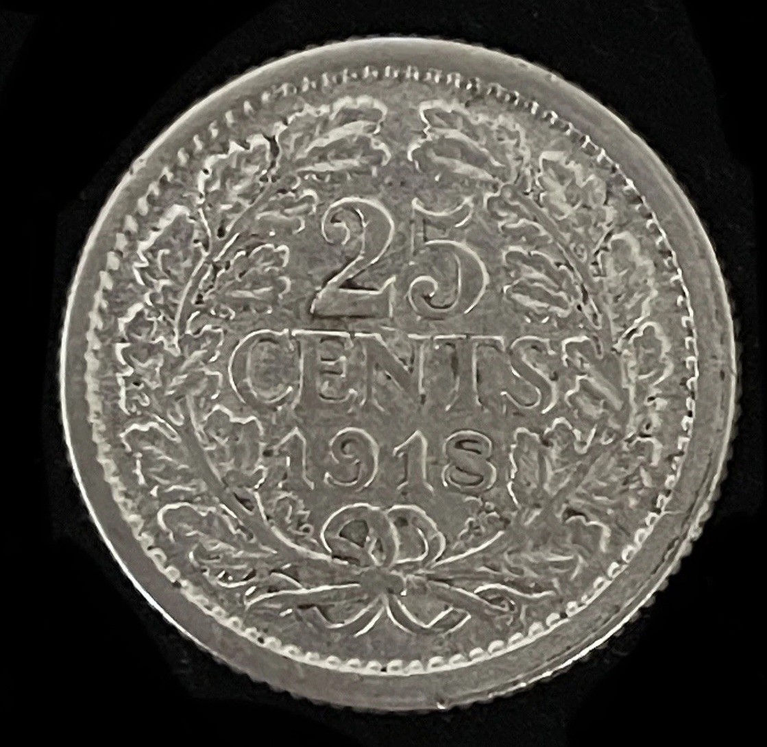 1918 NETHERLANDS QUEEN WILHELMINA l SILVER 25 CENT COIN