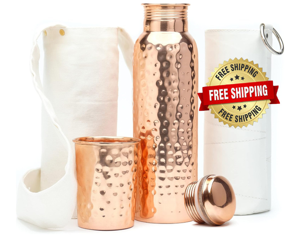 Botella Cobre Ayurvédica 1000ml con Vaso, Bolsa y Funda | Antigoteo