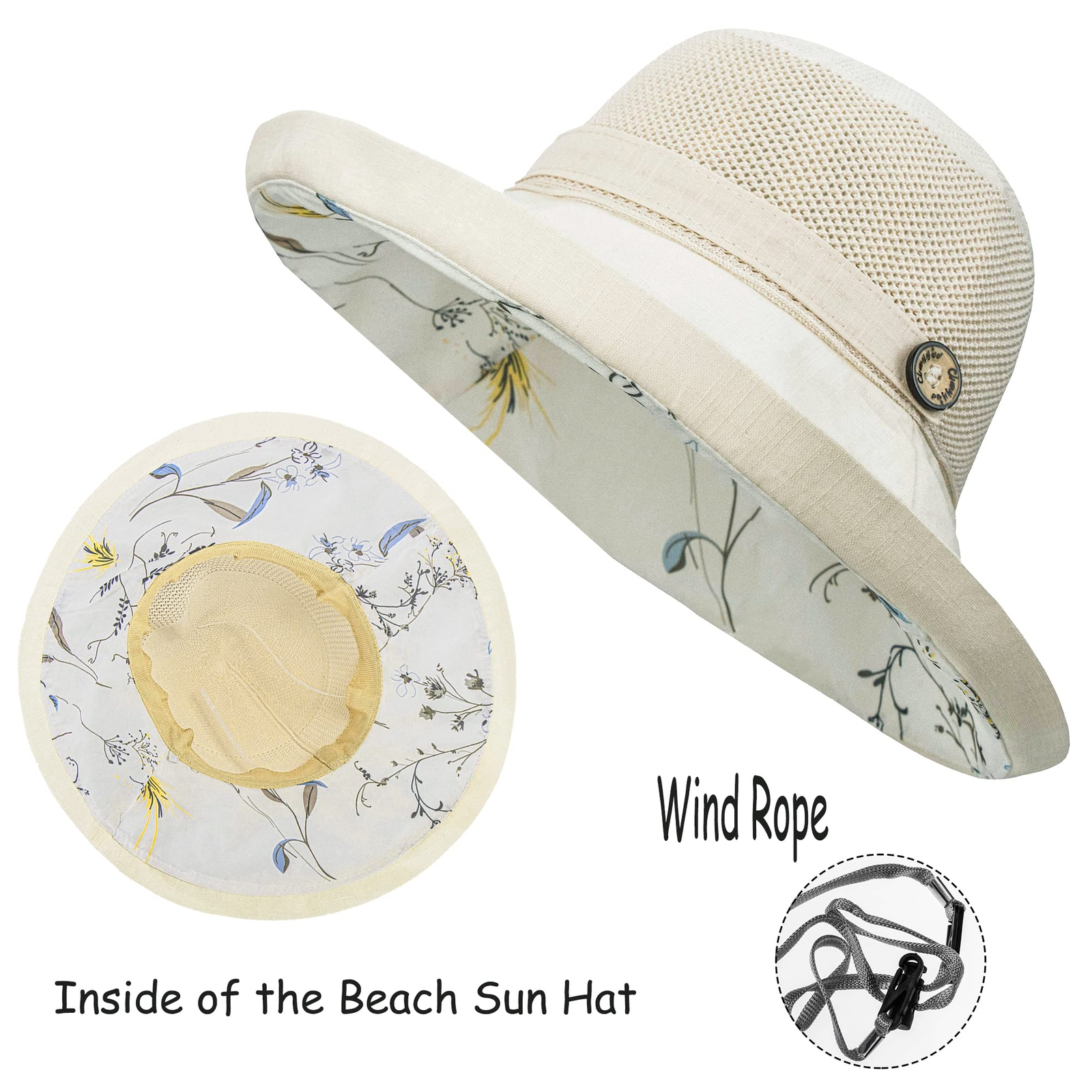 Mesh-Breathable Sun-Hat for WomenFloral Wide-Brim Beach Bucket Hat with Detac...