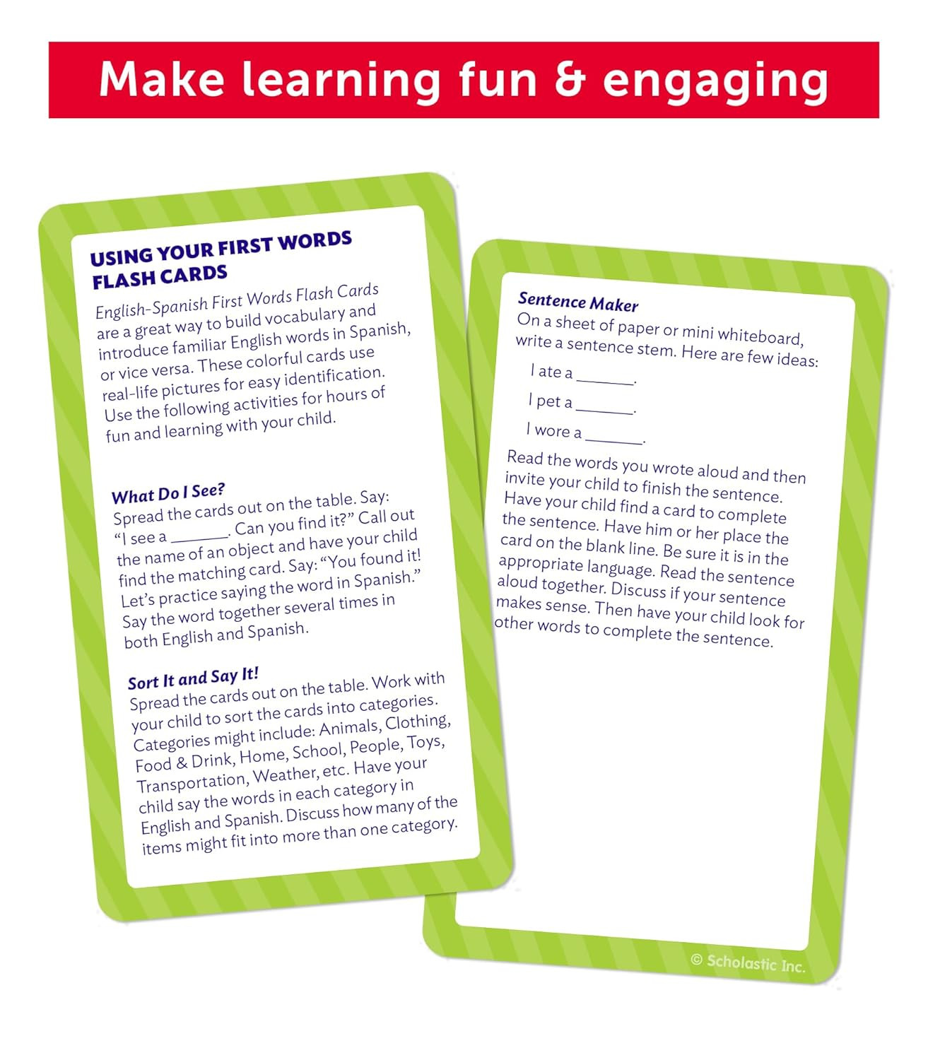 English-Spanish First Words Flash Cards