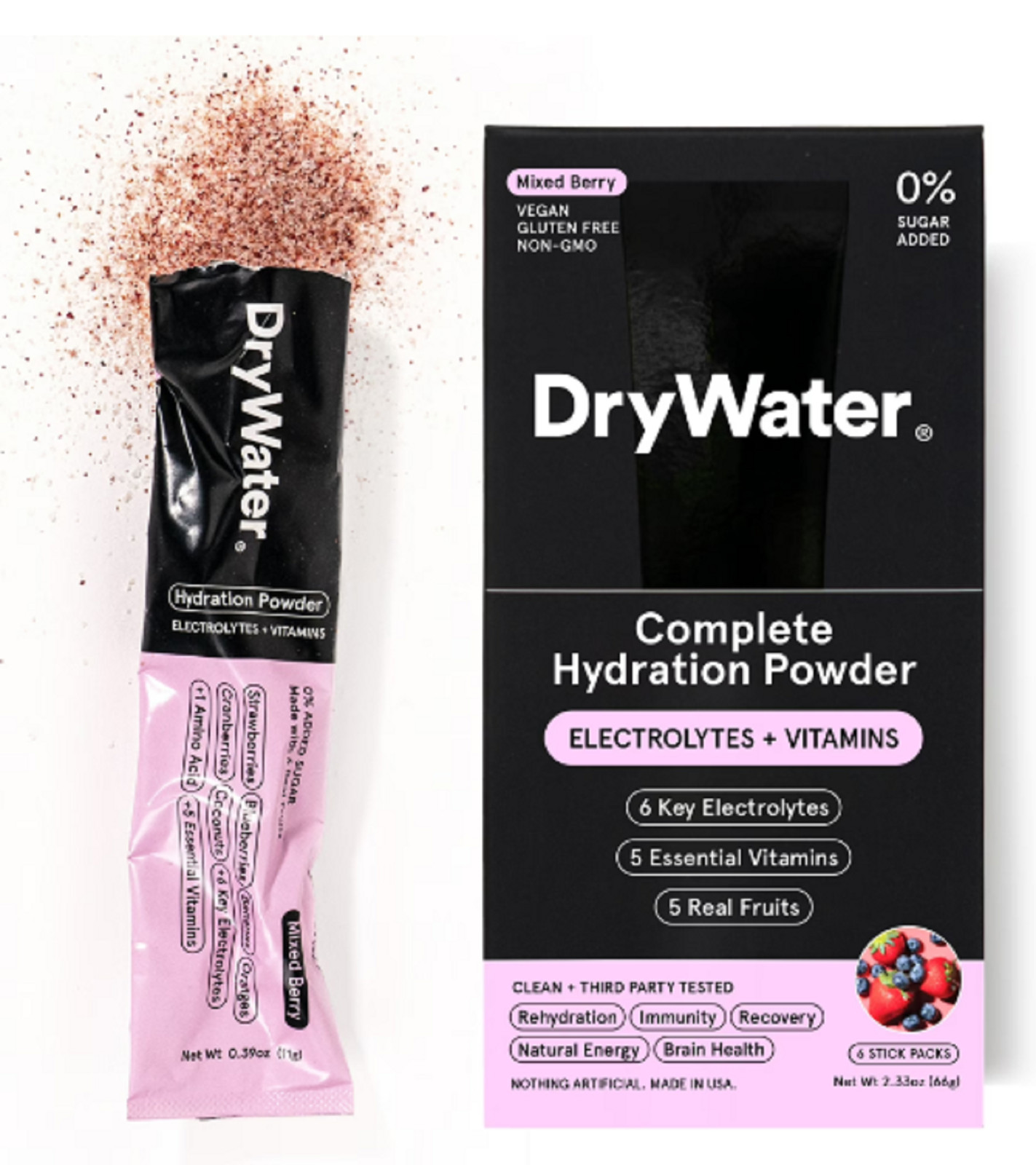 DryWater Hydration Powder (Electrolytes + Vitamins) , Mixed Berry, 6 Pack
