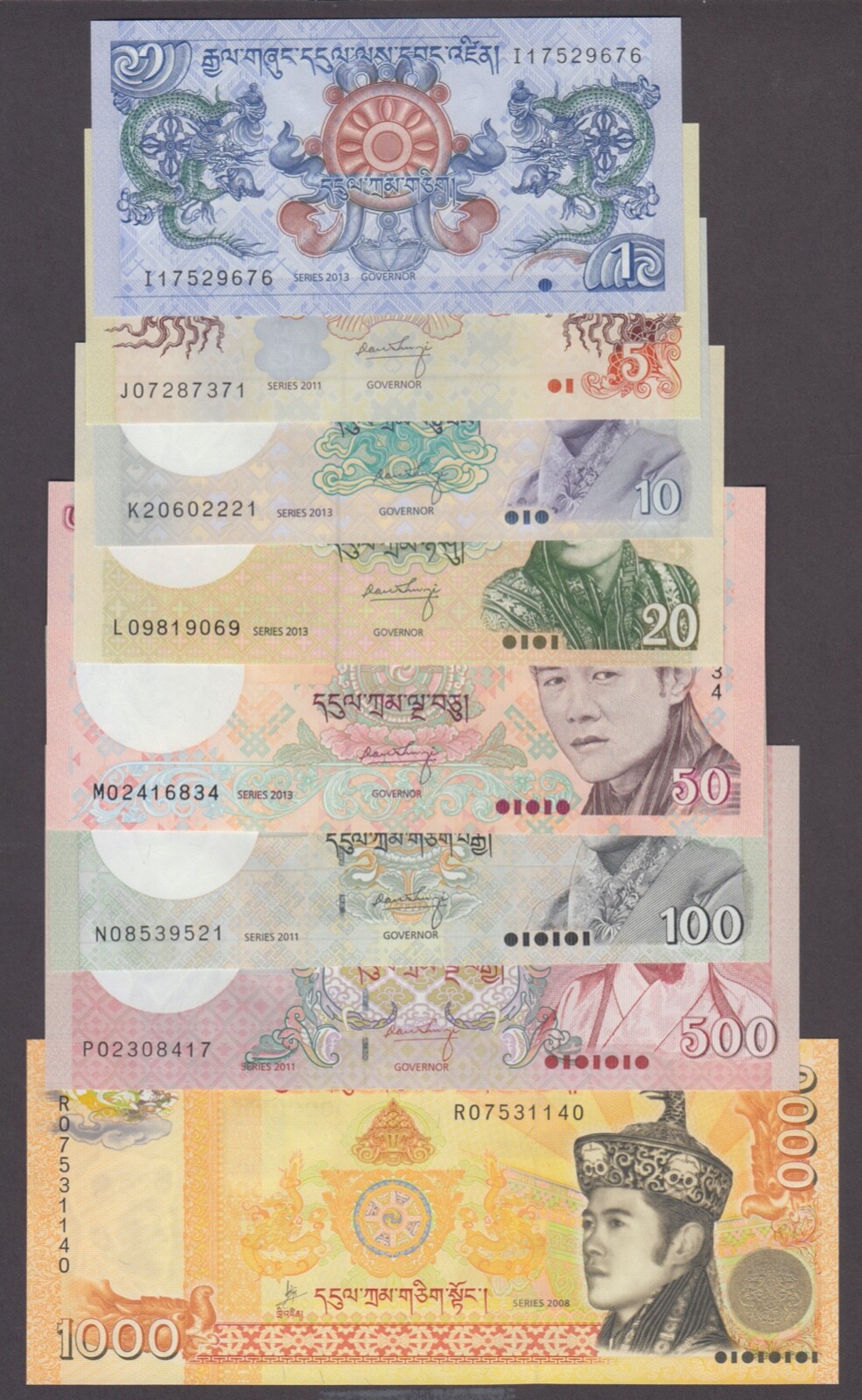 BHUTAN P.27/34 FULL SET  1 TO 1000 NGULTRUM RANDOM YEARS UNC yyy    2310