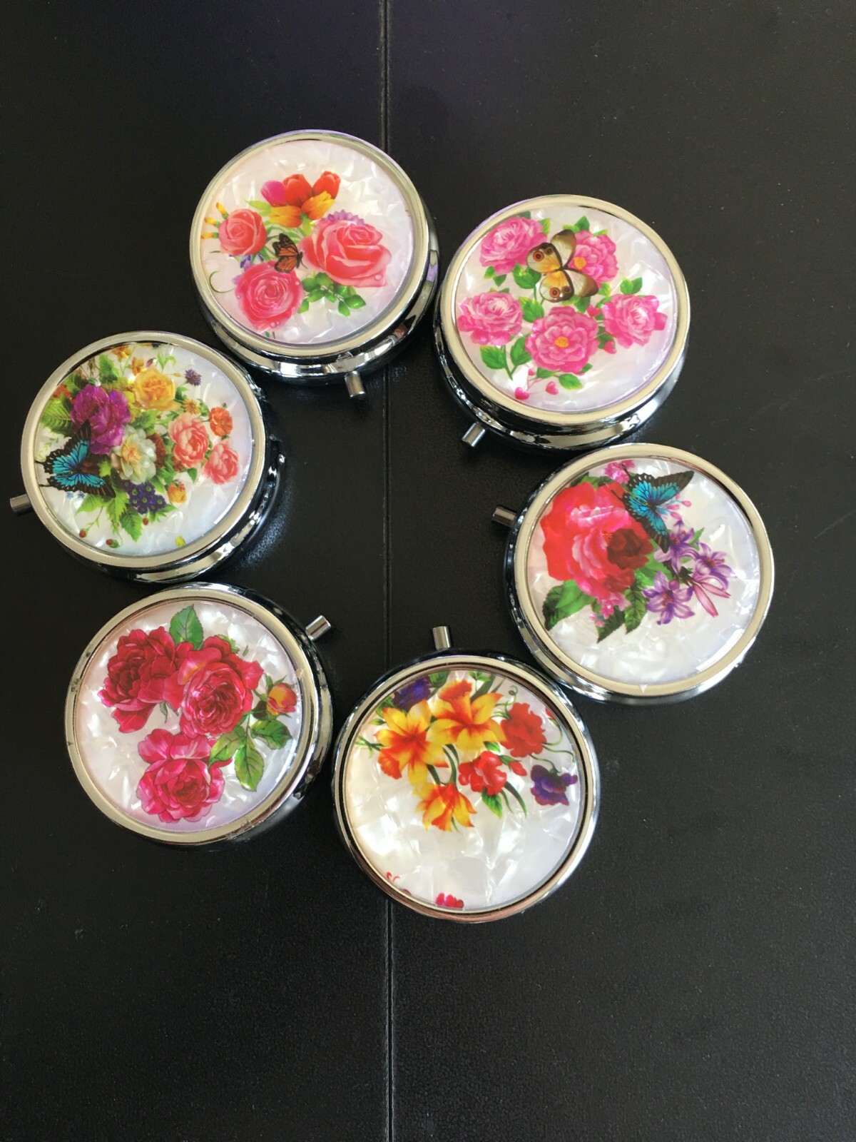 1 Round Compact Metal pill box With 3  Compartments, 1.8" Dia. Assorted Designs