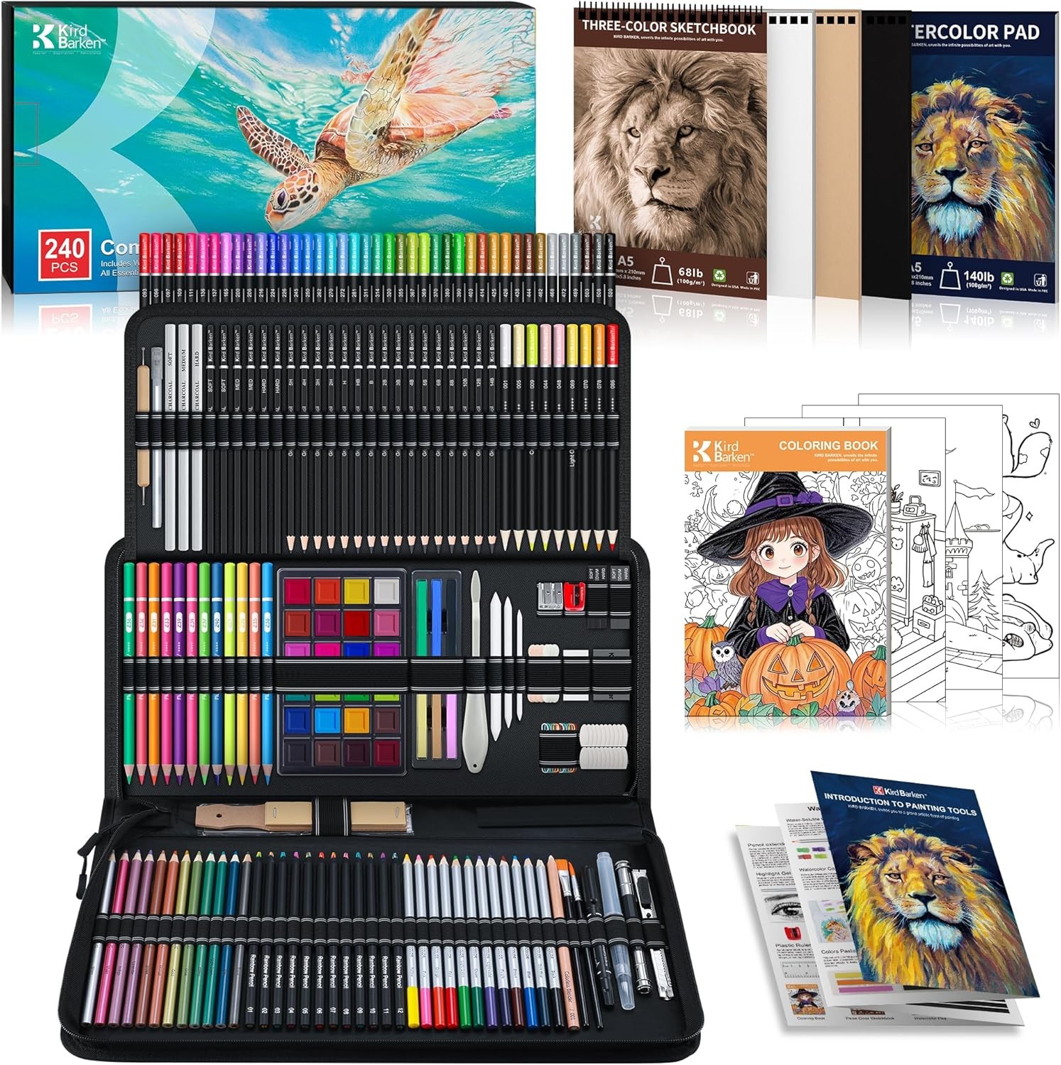 Art Supplies Drawing Kit 240 Pcs 3 Sketchbook Colored Charcoal Watercolor Set