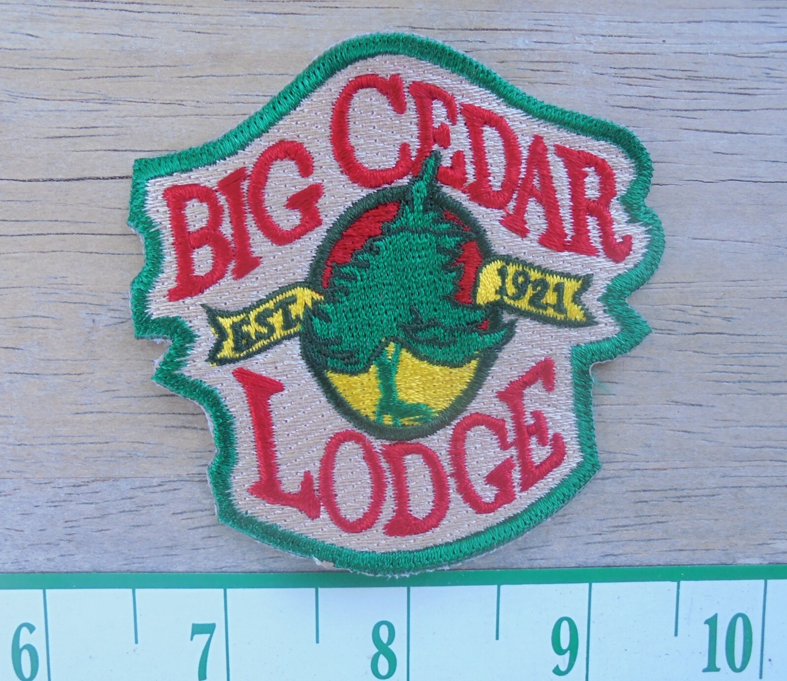 NEAT " BIG CEDAR LODGE EST 1921"" SEW ON CLOTH PATCH  2.75"X 2.75