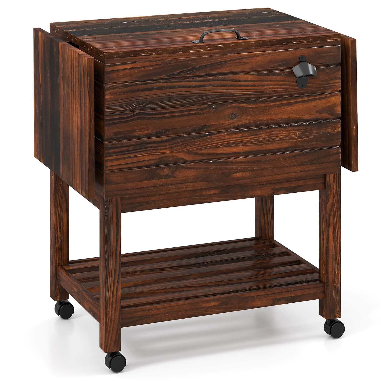 54 Quart Rolling Wooden Patio Cooler Cart with 2 Drop Leaf Tables Bottle Opener