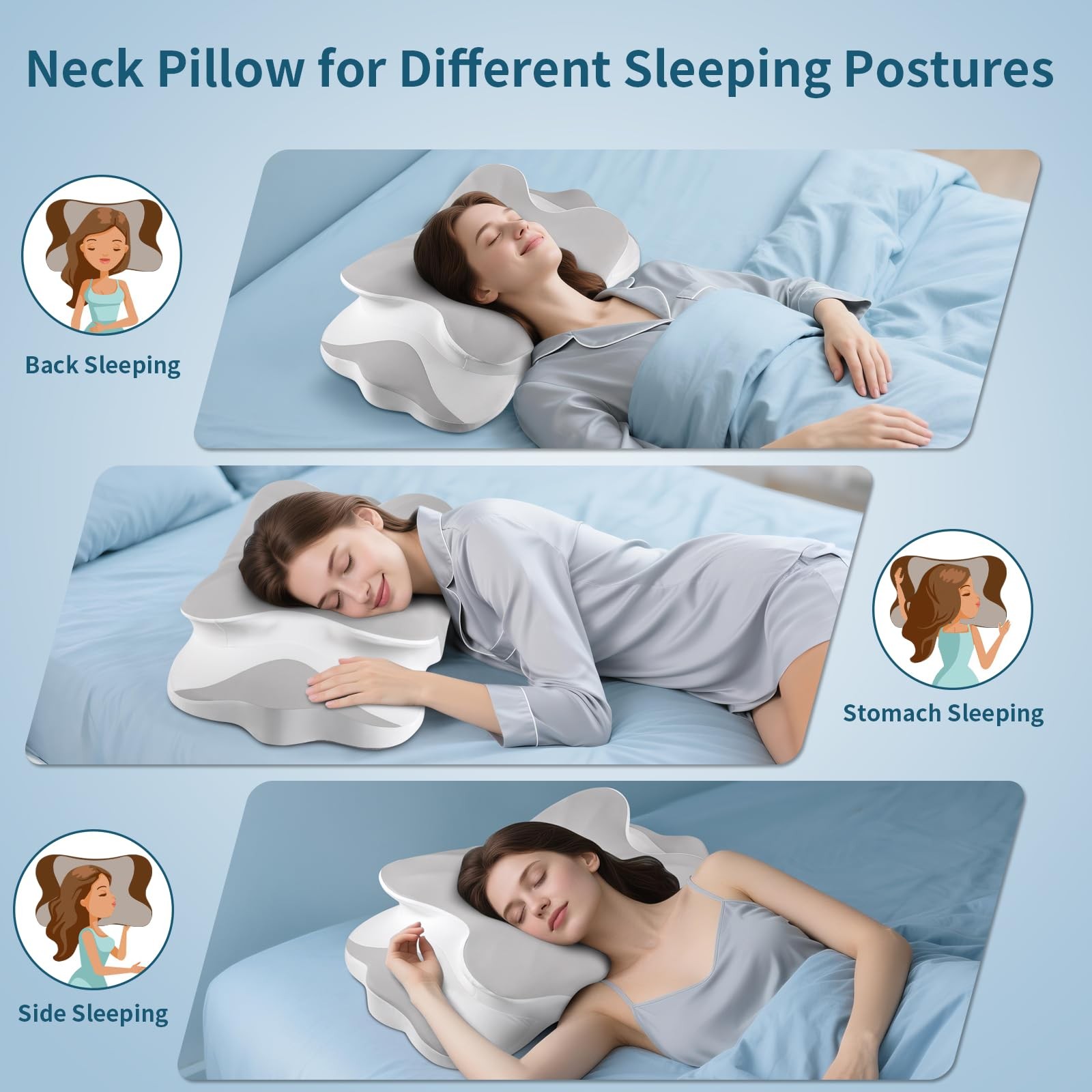 Cervical Neck Pillow - Support Pillows for Sleeping, Contour Memory Grey