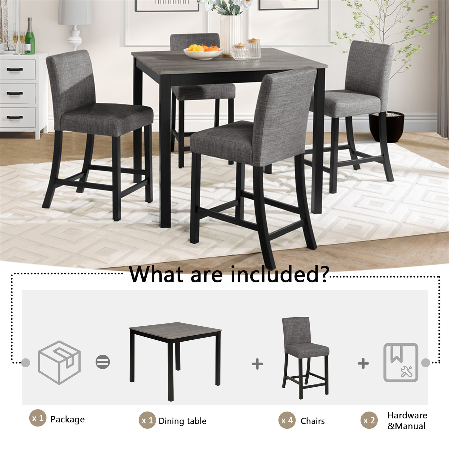 5 Piece Dining Table Set Wooden Dining Table with 4 Upholstered Chairs