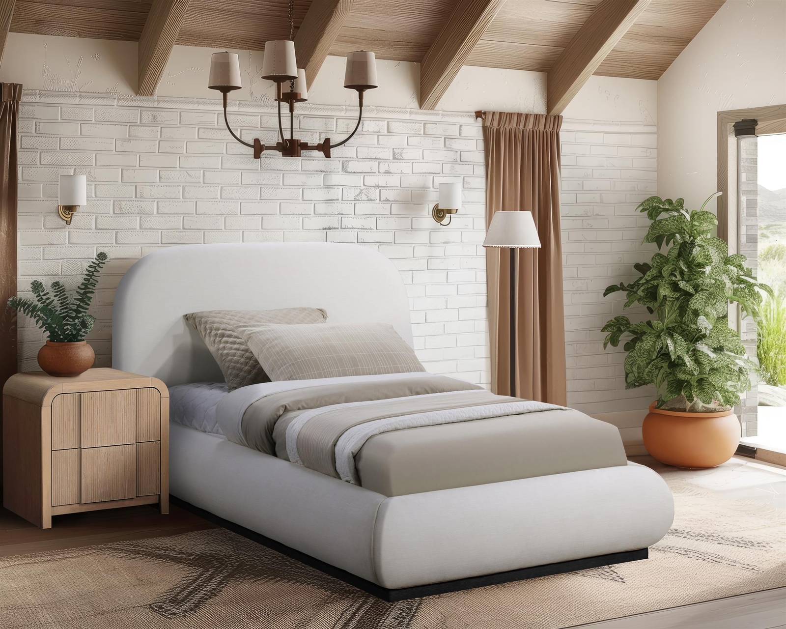 Meridian Furniture Vaughn Cream Linen Textured Fabric Twin Bed