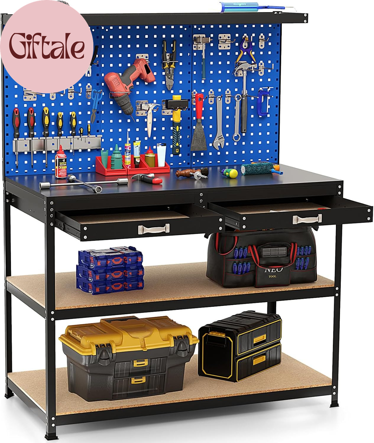 Workbench with Drawers, 48" X 24" Heavy-Duty Work Table with 3 PCS Pegboard & 4