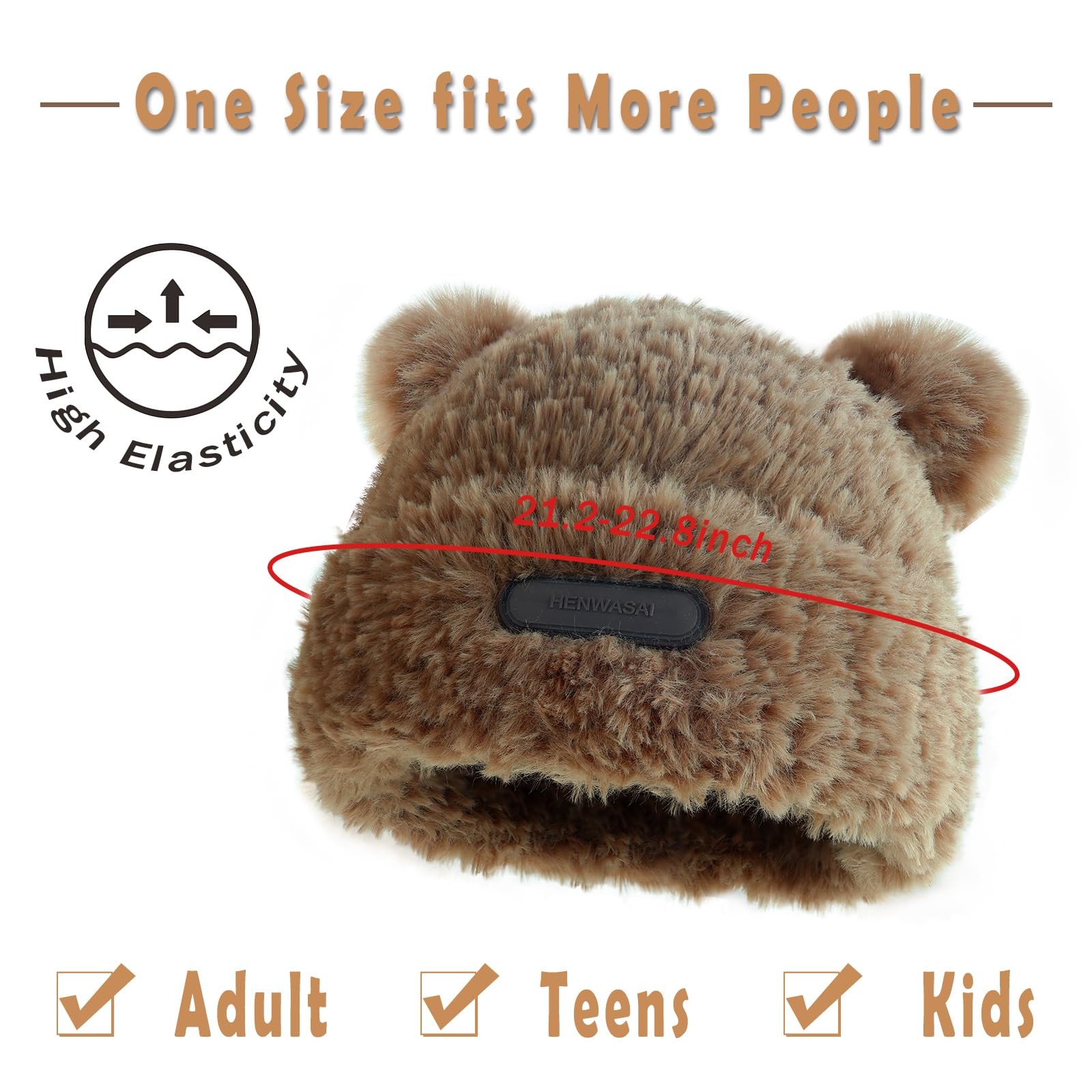 Cute Fuzzy Bear Ear Beanie Hat for Women Skin-Friendly Plush Warm Woolen Hat ...