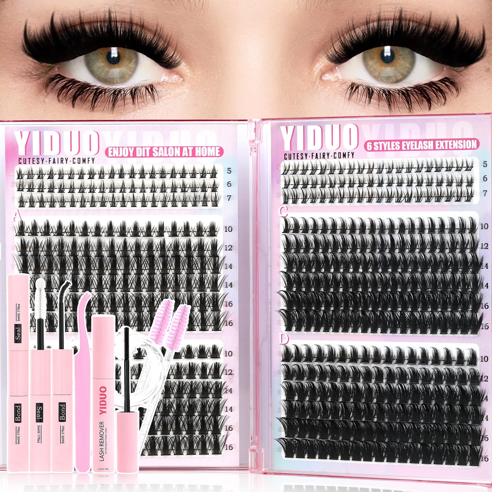 YIDUO Spikes Lash Clusters Kit 534Pcs Manga+Bottom 24 pair (Pack of 1), Black